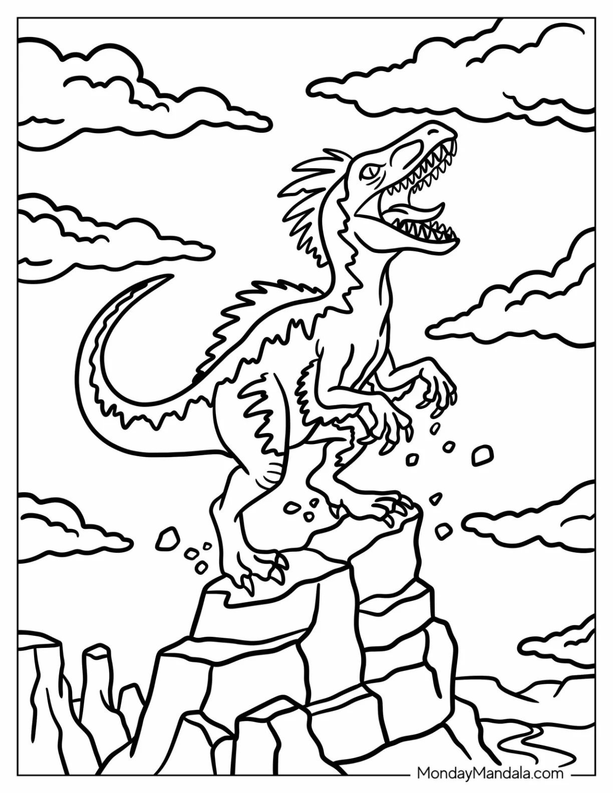 Velociraptor Roaring on a Rocky Cliff Coloring Sheet coloring page