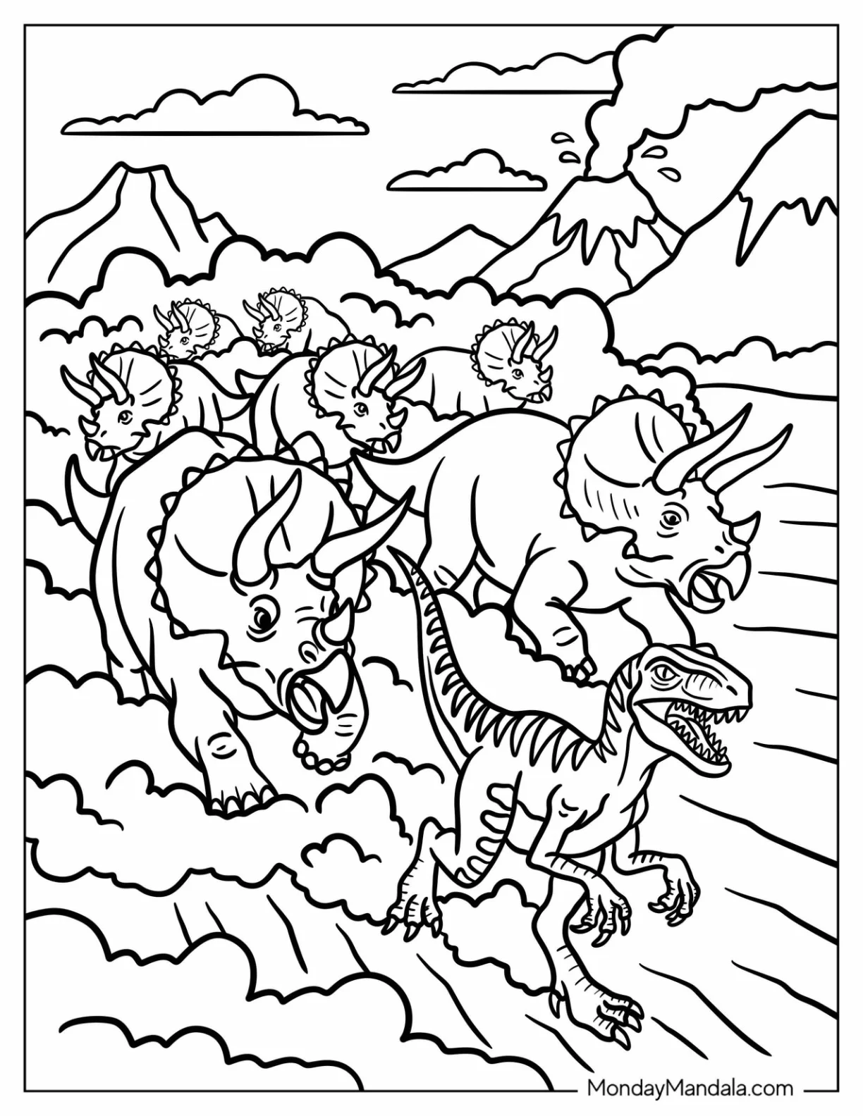 Velociraptor Running Ahead of a Triceratops Herd Coloring Sheet for Kids coloring page