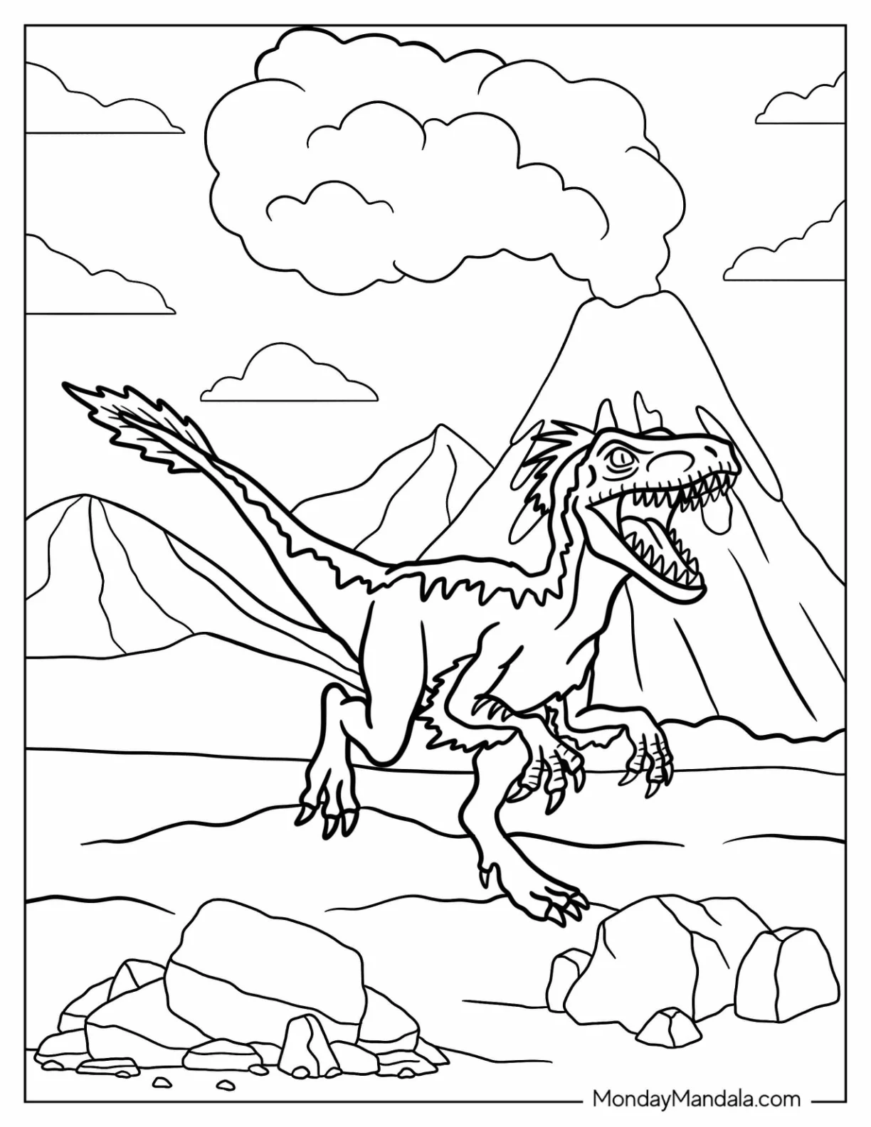 Velociraptor Running Near an Erupting Volcano Coloring Page coloring page