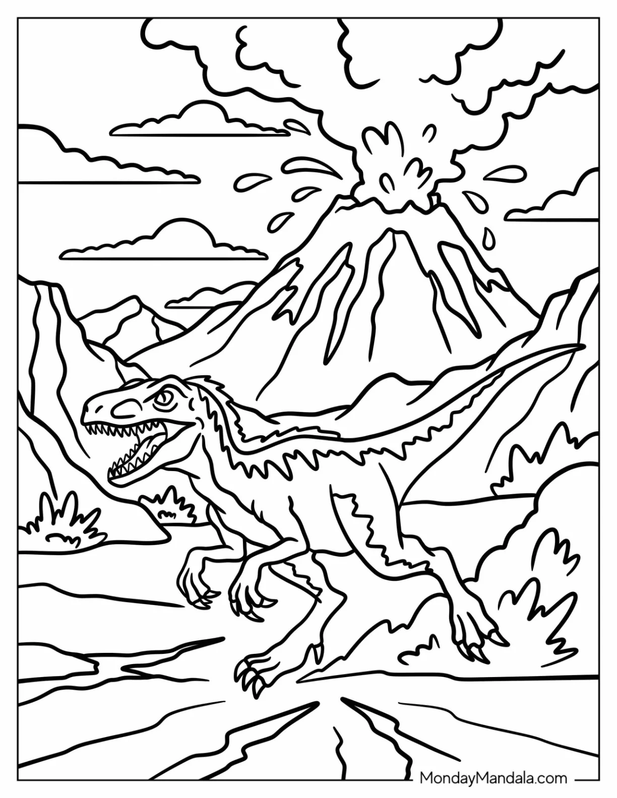 Velociraptor Running Past an Erupting Volcano coloring page