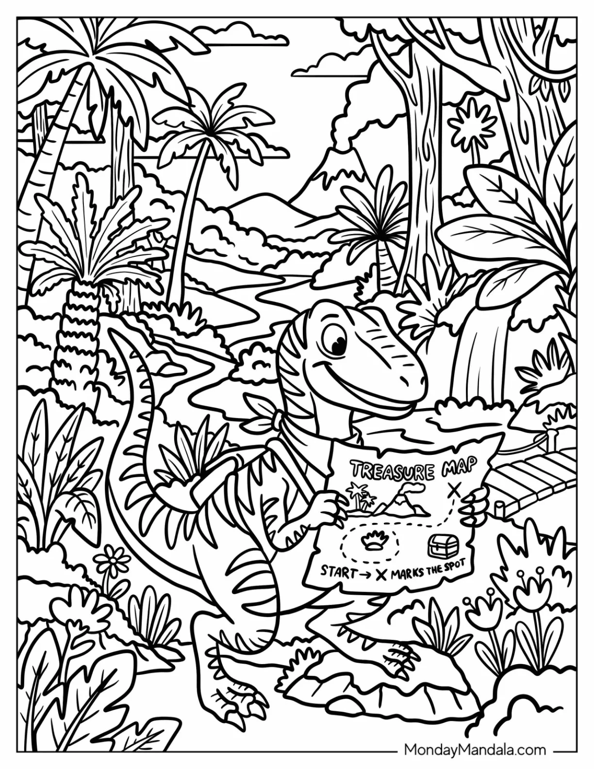 Velociraptor Searching for Treasure in the Jungle coloring page