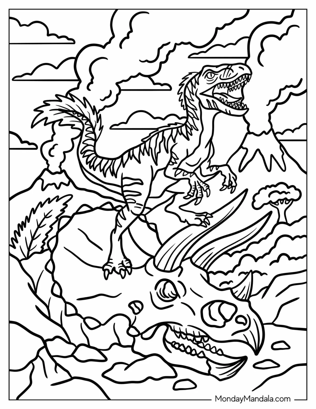 Velociraptor Standing on a Triceratops Skull Coloring Page coloring page