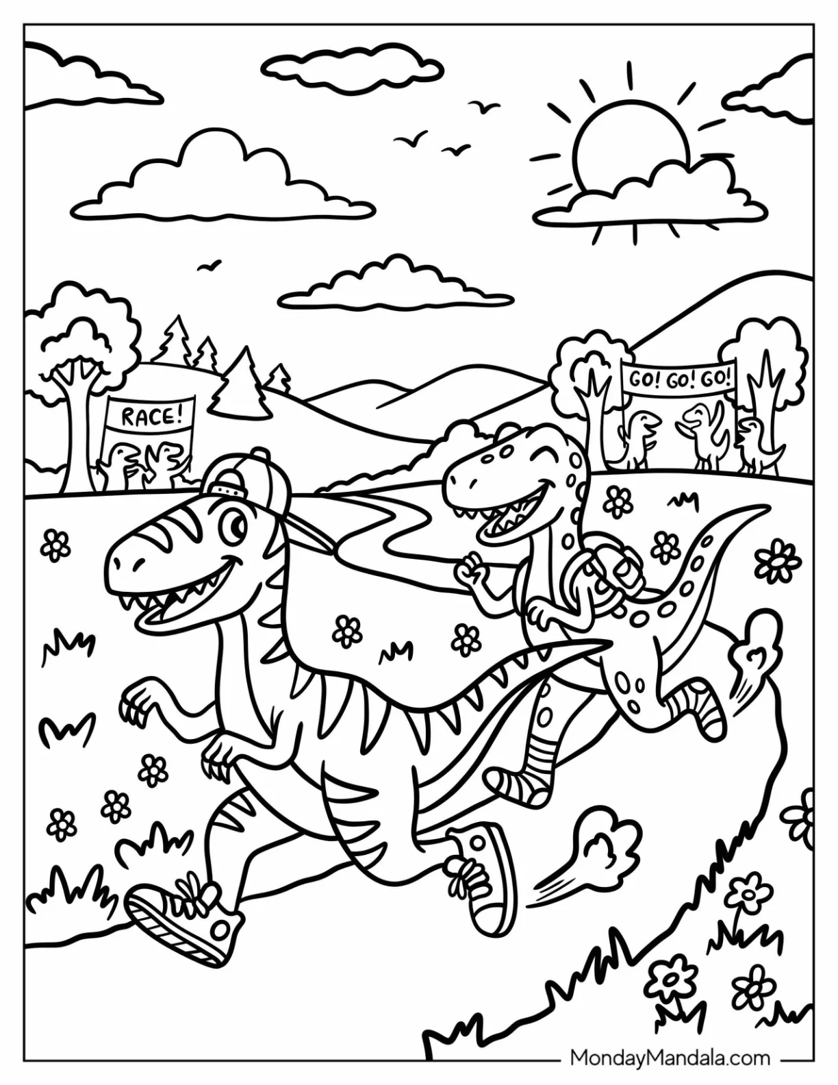 Velociraptors Racing Through a Flower Field Coloring Page for Kids coloring page