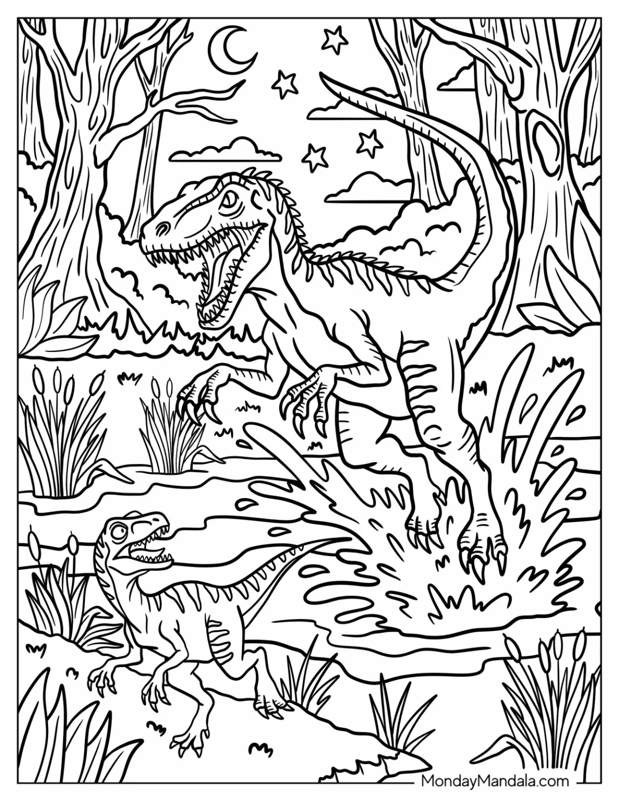 Velociraptors Running Through a Night Forest Coloring Sheet coloring page