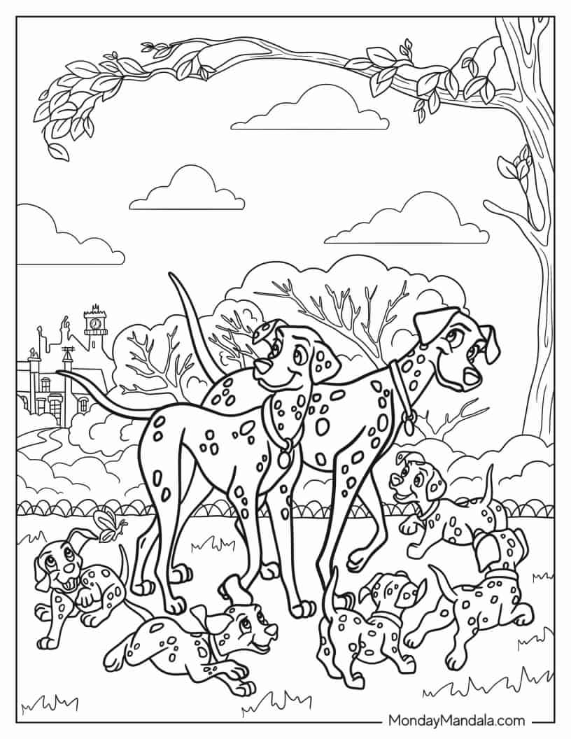 Coloring Sheet Of Pongo, Perdita And Puppies In The Park coloring page