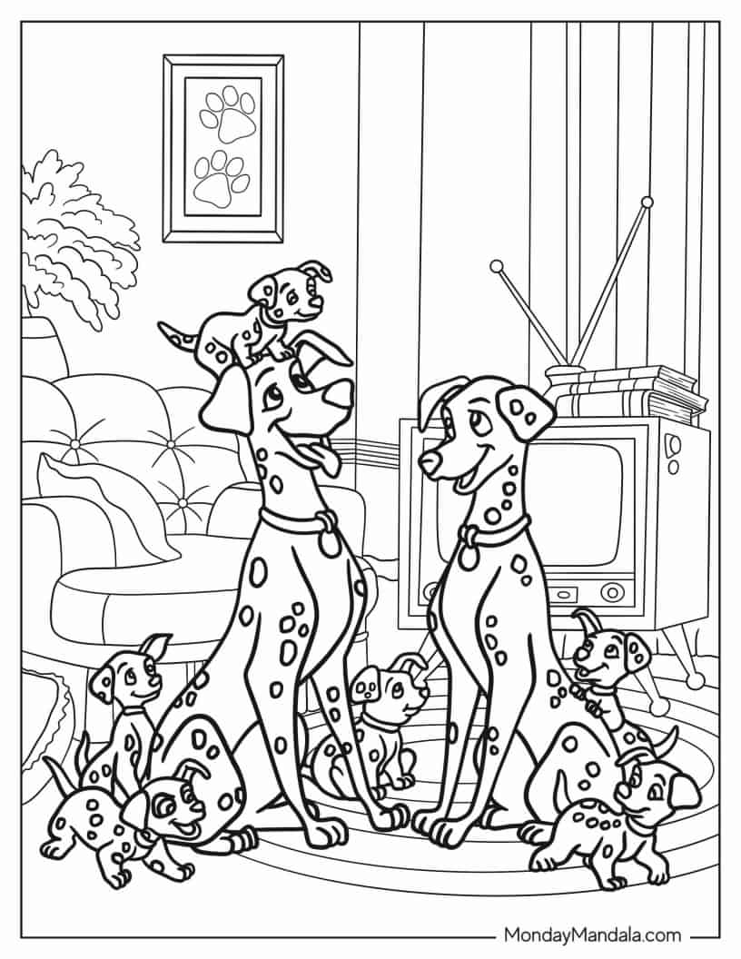 Easy Pongo And Perdita With Puppies Coloring In For Kids coloring page