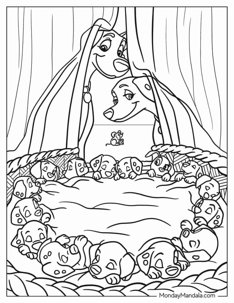 Pongo And Perdita Checking On Puppies Coloring Sheet coloring page