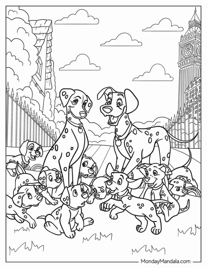 Pongo And Perdita With Dalmatian Puppies coloring page