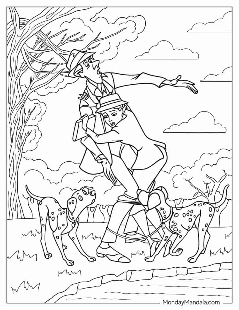 Roger And Anita Caught In Pongo And Perdita_s Leashes coloring page