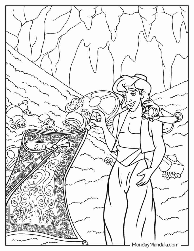 Aladdin Surrounded By Treasure To Color coloring page