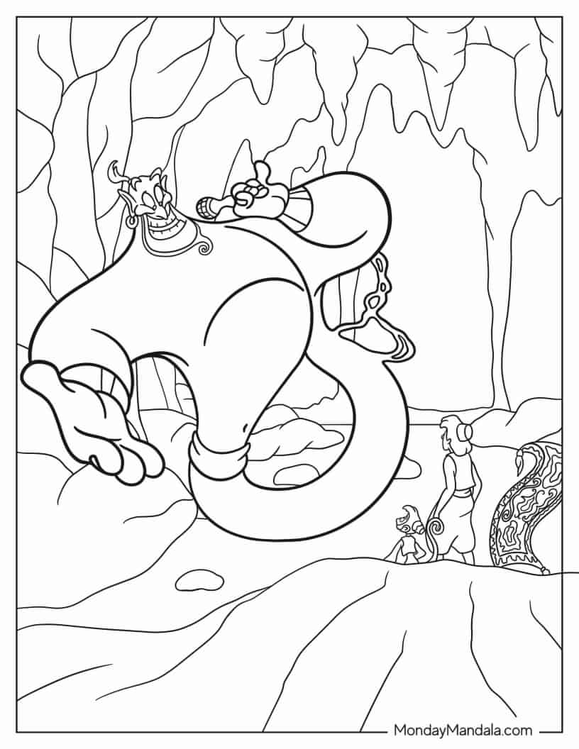Genie Singing To Aladdin, Abu And Magic Carpet coloring page