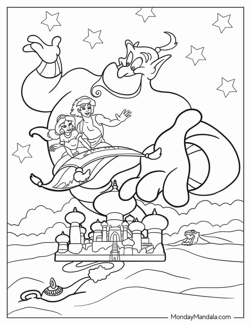 Jasmine And Aladdin Flying On Magic Carpet With Genie coloring page