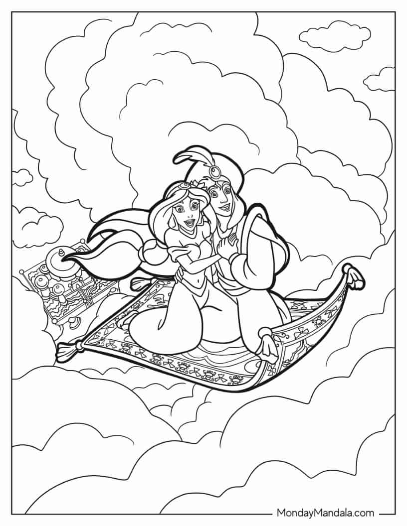 Jasmine And Aladdin Flying Through The Clouds coloring page