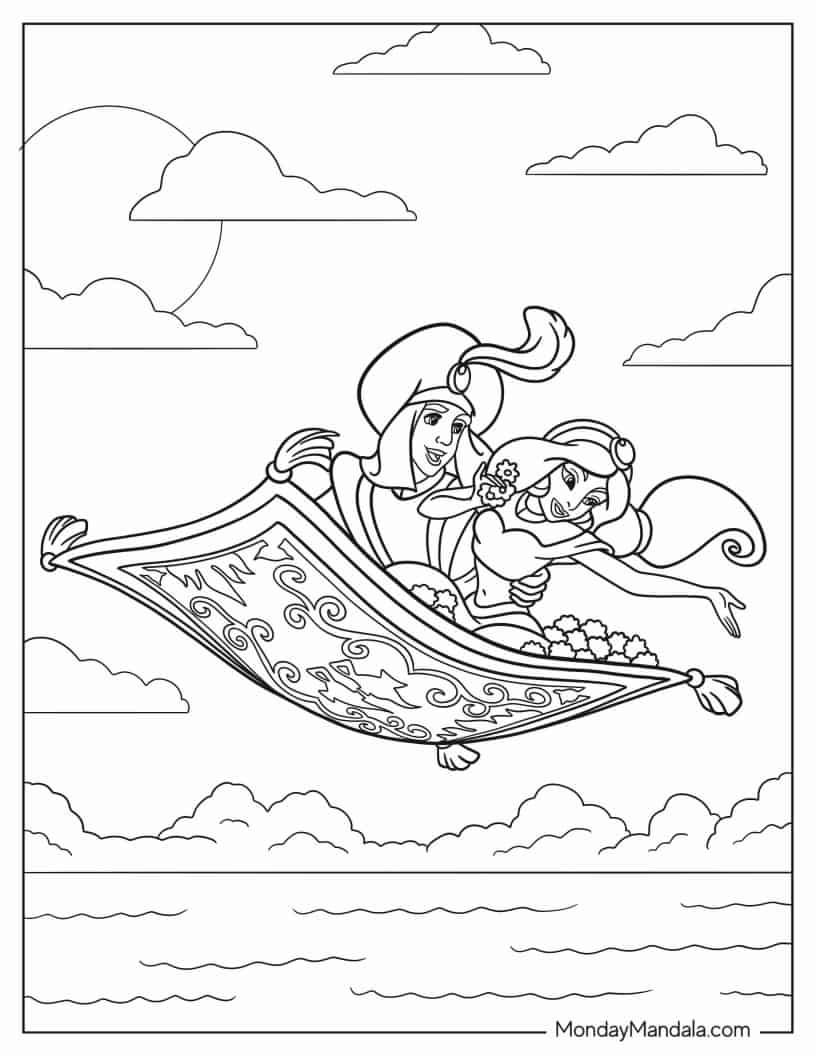 Jasmine And Aladdin On Magic Carpet coloring page