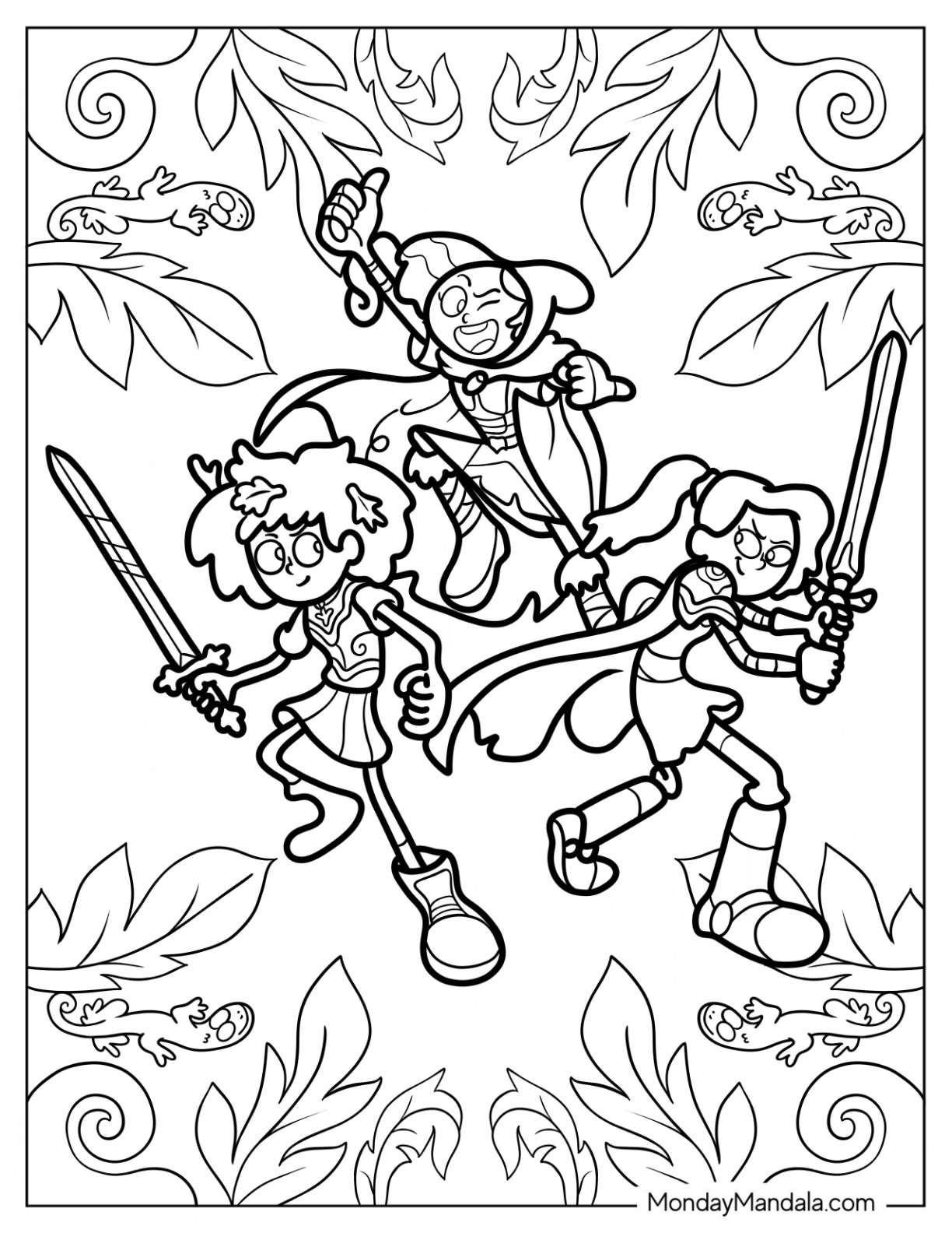 Amphibia Coloring Page Anne Boonchuy, Luz Noceda, And Sasha Waybright Holding Weapons coloring page