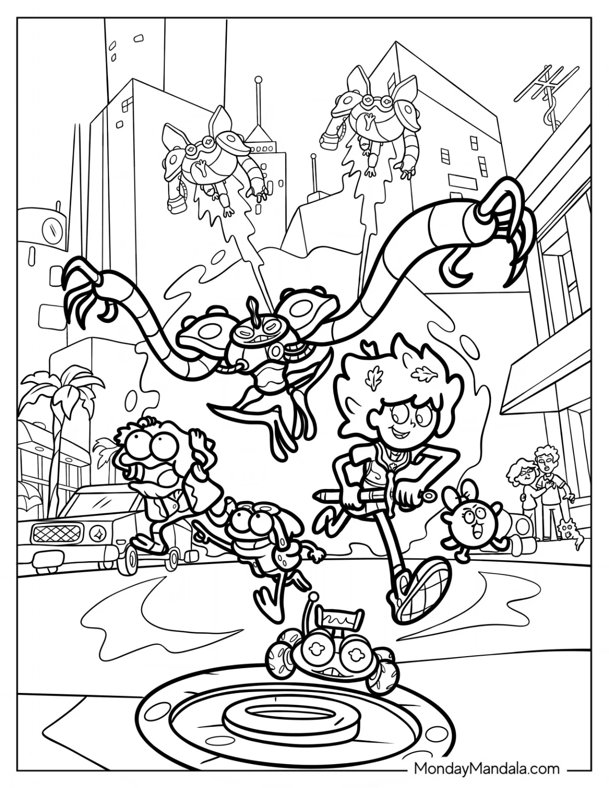 Amphibia Coloring Page Anne Boonchuy Running In The Streets With Sprig, Hop Pop Frobo Car, And Sledner Frobots coloring page
