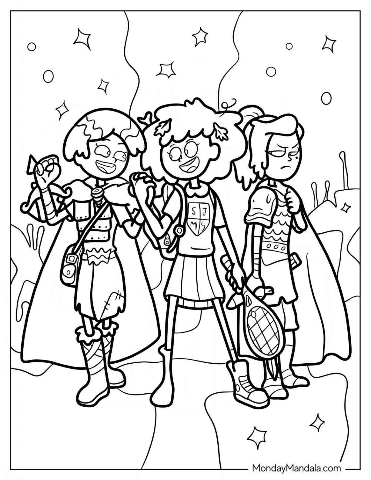 Amphibia Coloring Page Marcy Wu, Anne Boonchuy, And Sasha Waybright coloring page