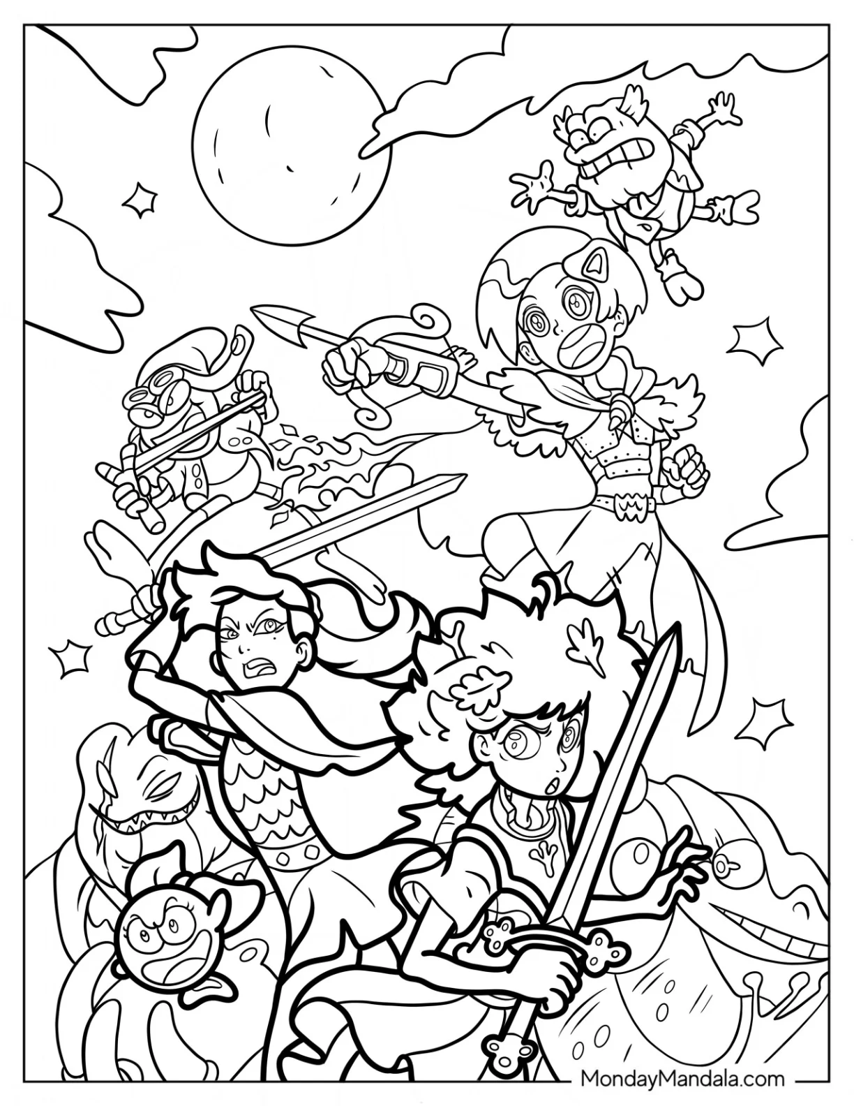 Amphibia Coloring Page Marcy Wu, Sasha Waybright, Anne Boonchuy Hop Pop, Sprig, And Polly coloring page
