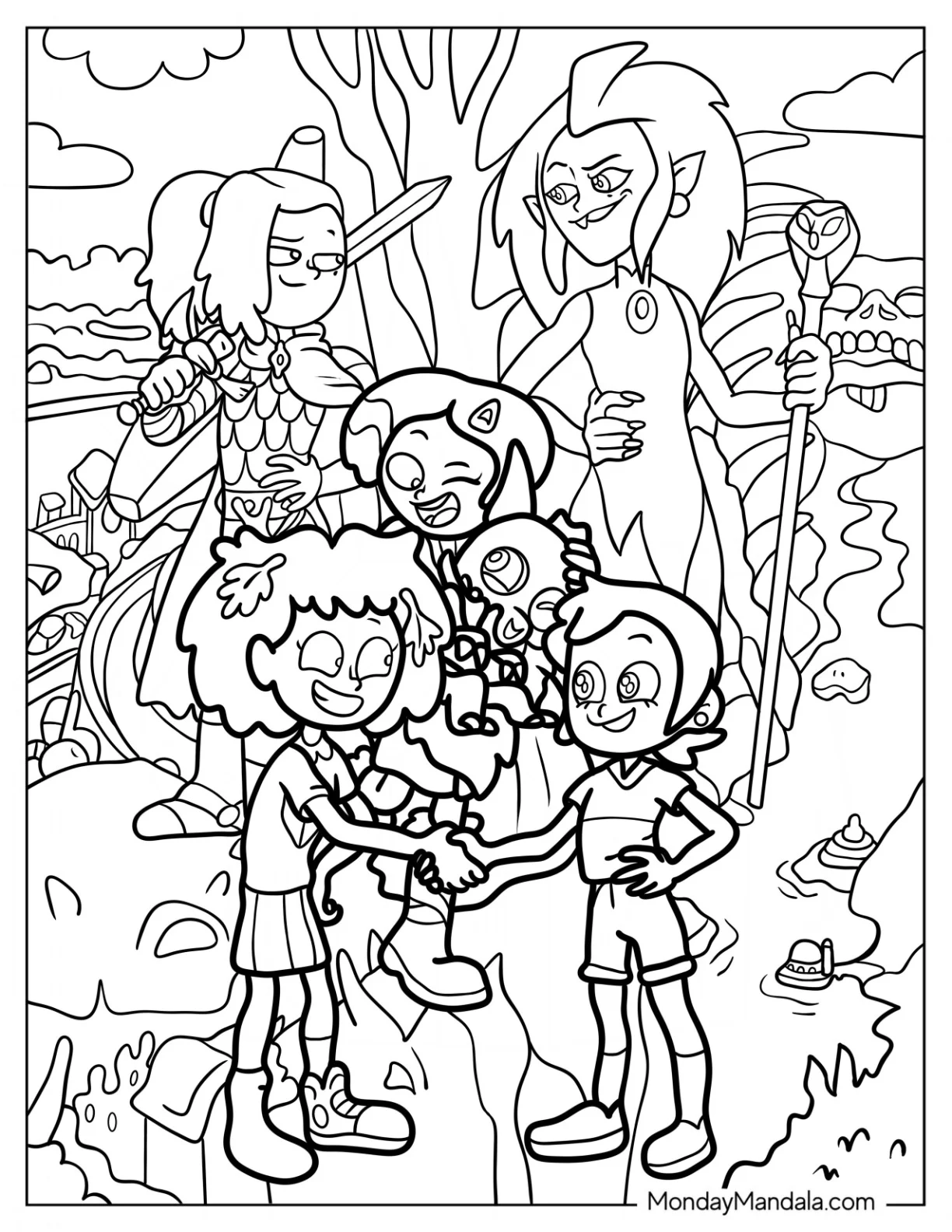 Amphibia Coloring Page Of Sasha Waybright, Edalyn Clawthorne, Marcy Wu, Anne Boonchuy, Luz Noceda coloring page