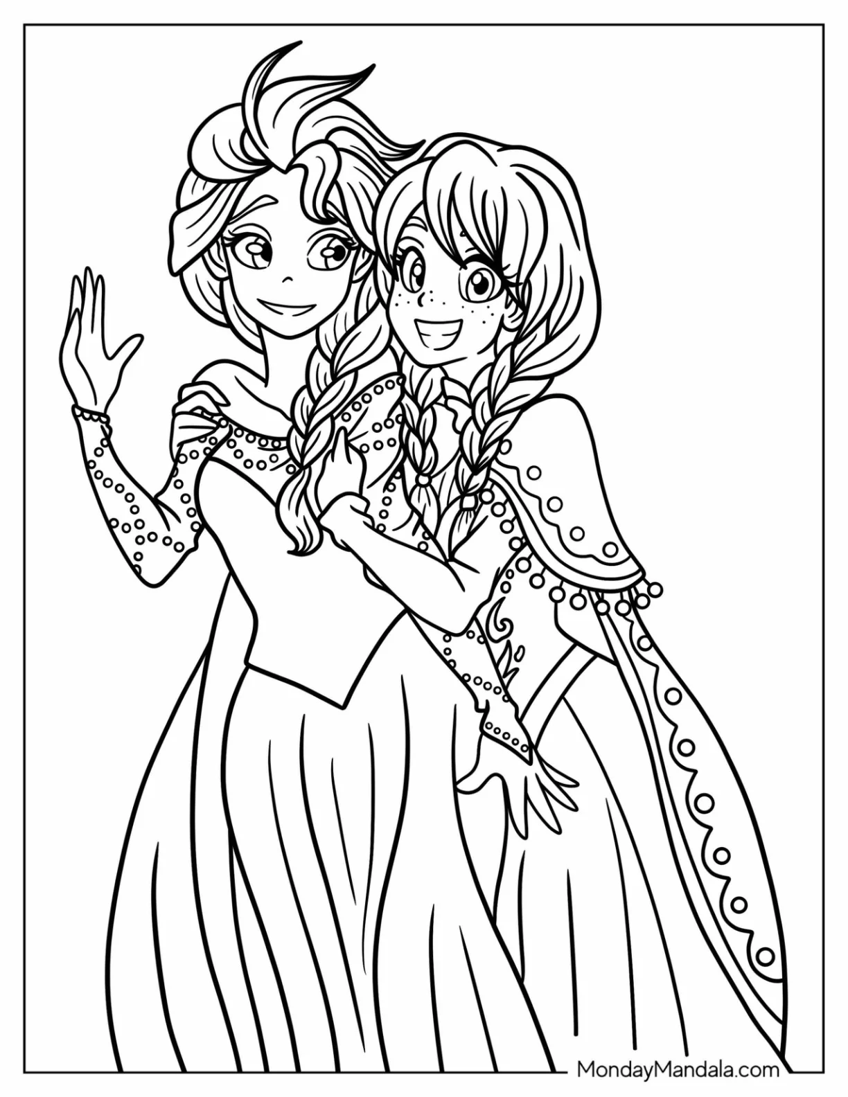 Anime Anna And Elsa Hugging Coloring Sheet For Kids coloring page