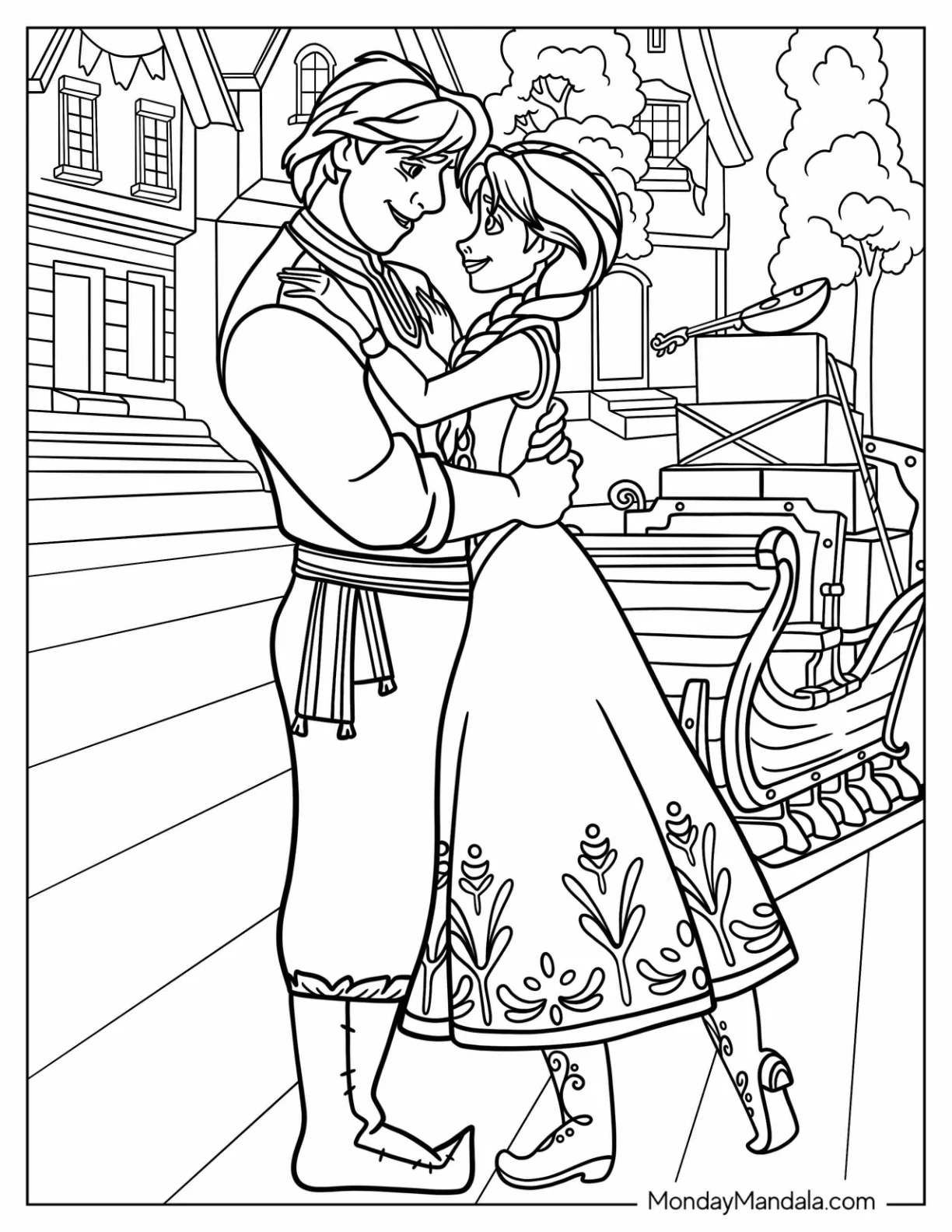 Anna And Kristoff Holding Each Other Coloring Sheet coloring page