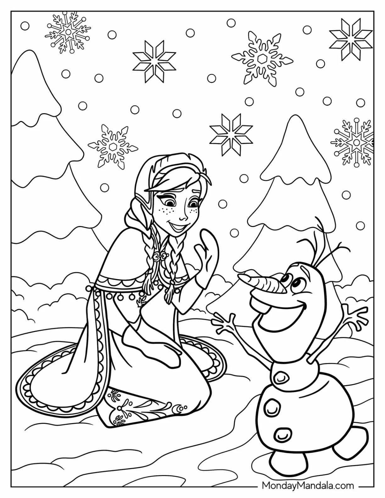Anna And Olaf Playing In The Snow Coloring Page coloring page