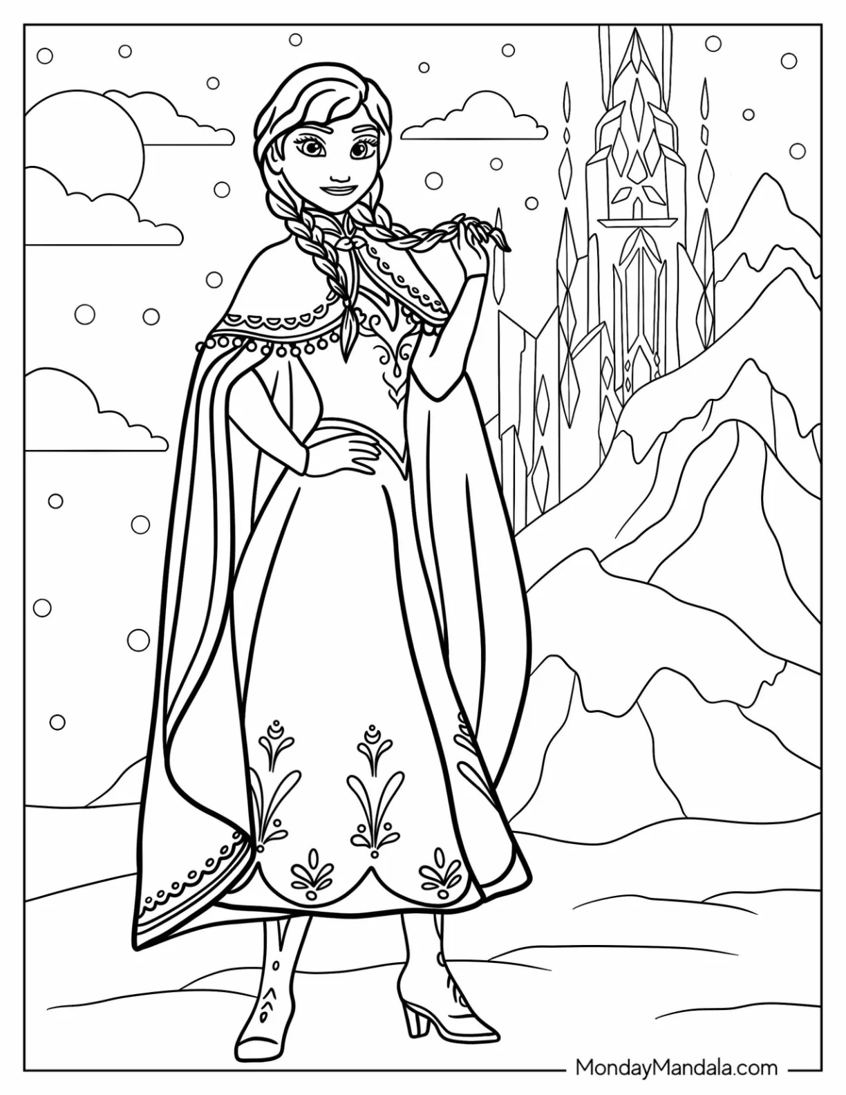 Anna Standing In Front Of Elsa s Winter Castle Coloring Sheet coloring page — printable line art