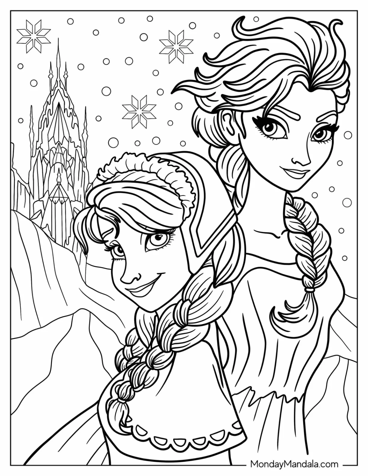 Frozen Anna And Elsa In Winter Coloring Sheet coloring page — printable line art