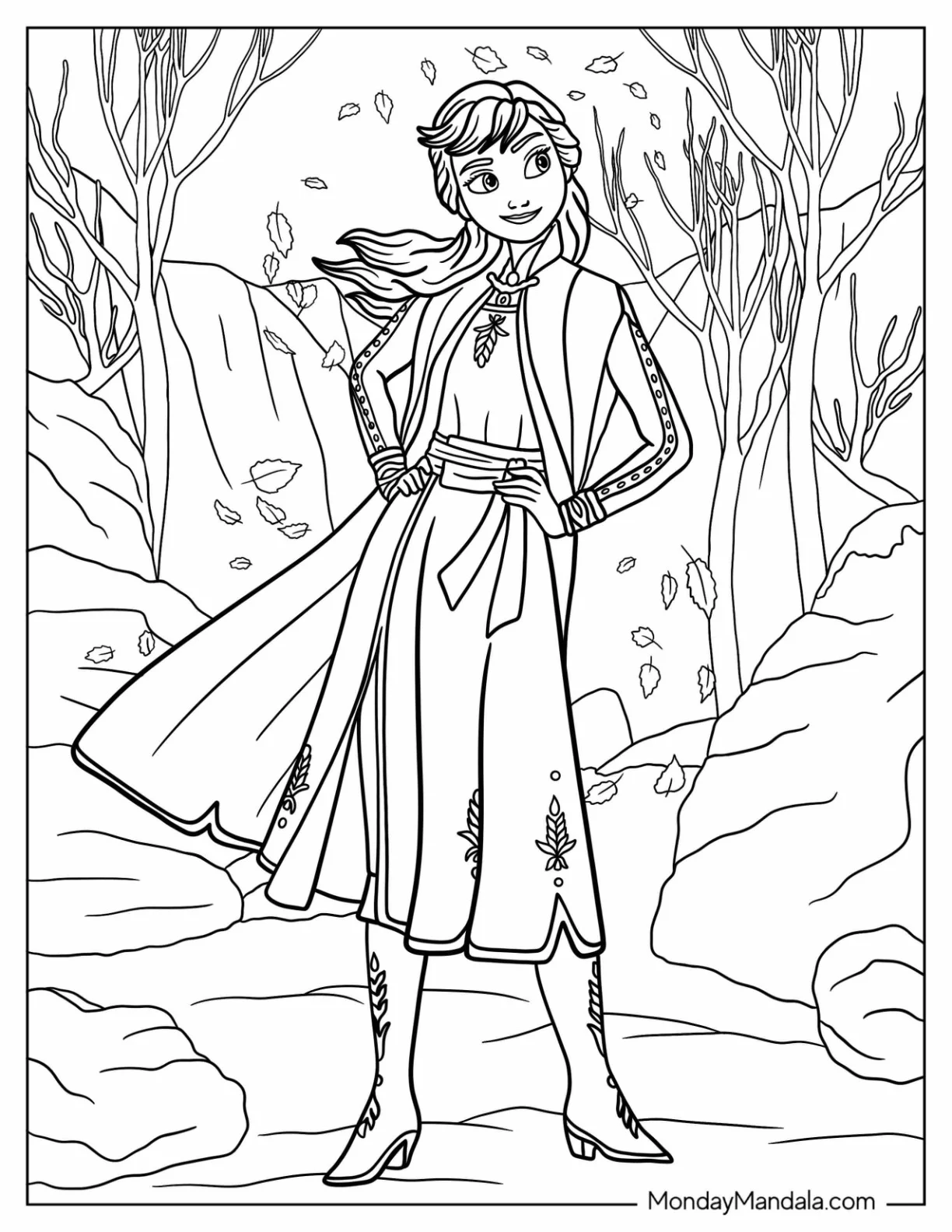 Frozen Anna Surrounded By Fall Leaves coloring page — printable line art