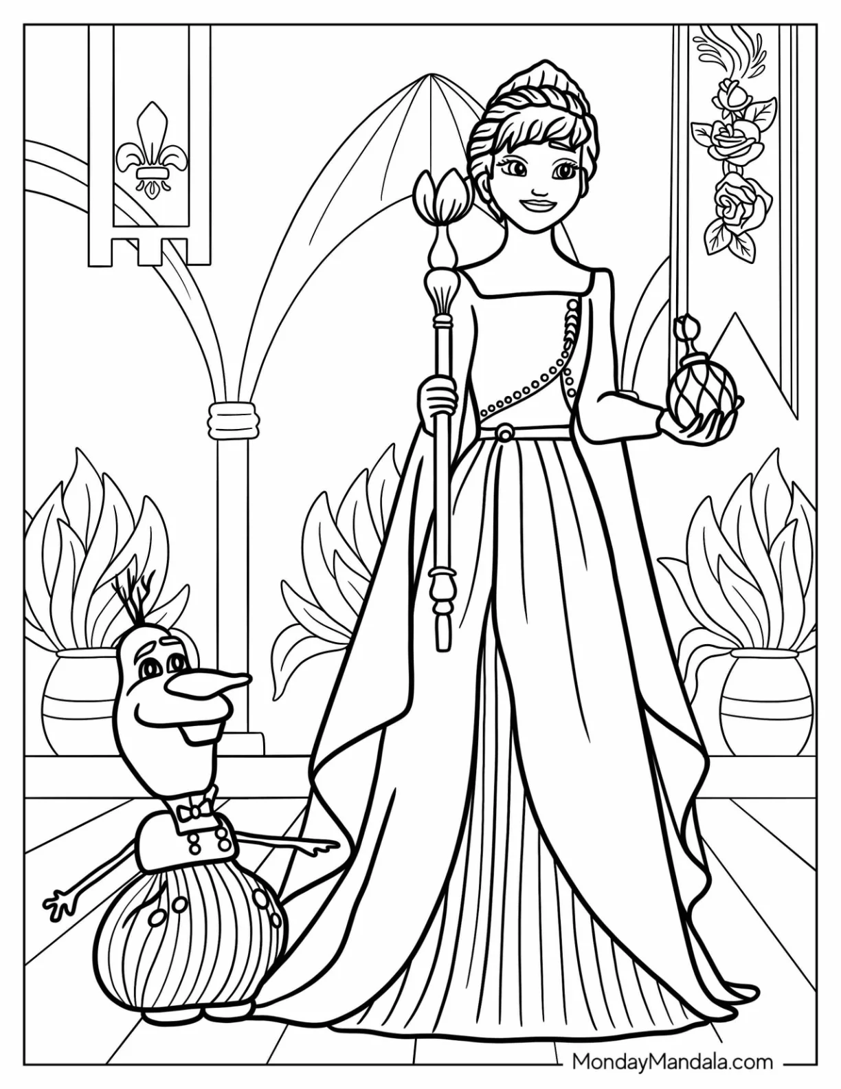 Queen Anna In Coronation With Olaf Coloring Page coloring page