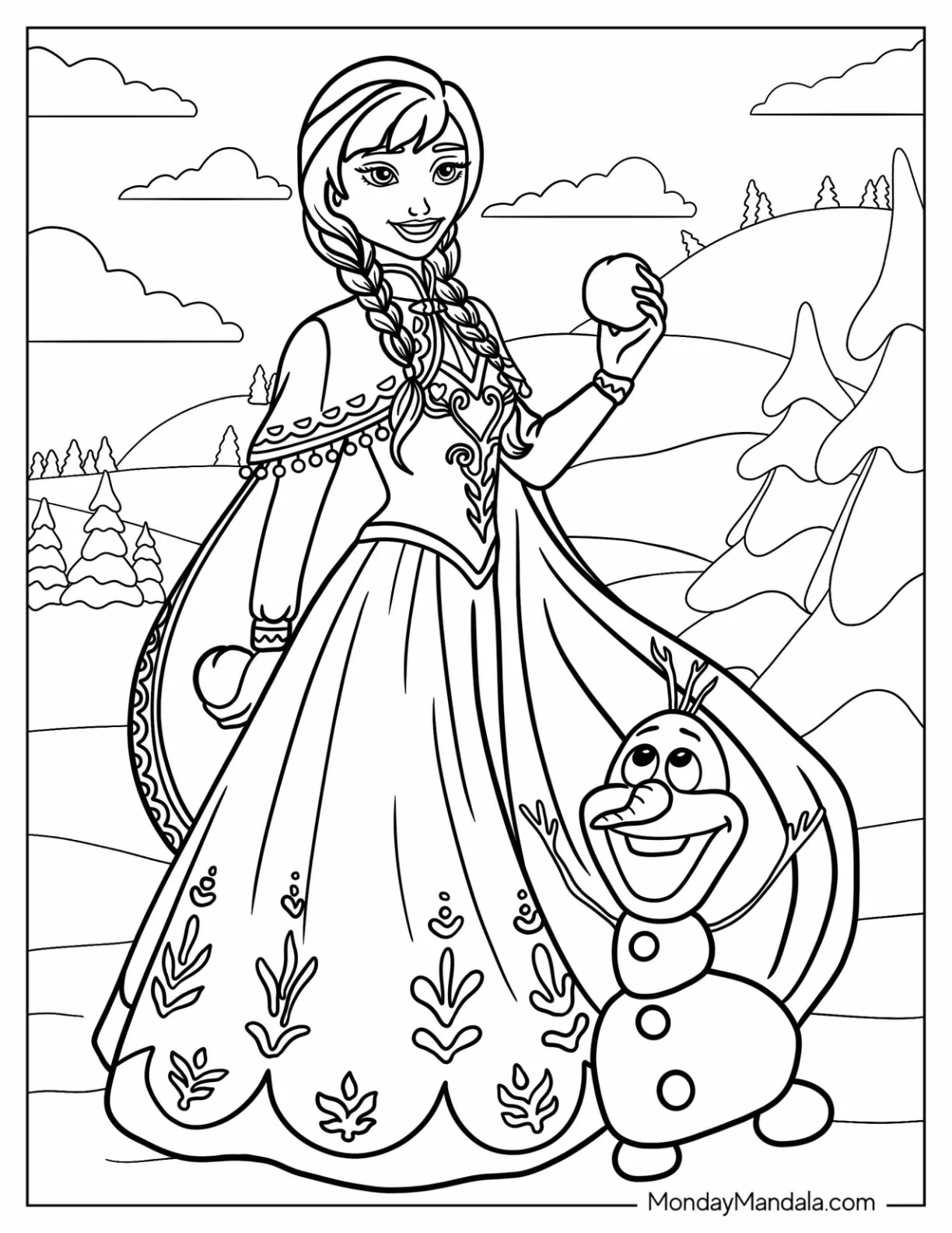 Smiling Anna Holding Snowball With Olaf coloring page — printable line art