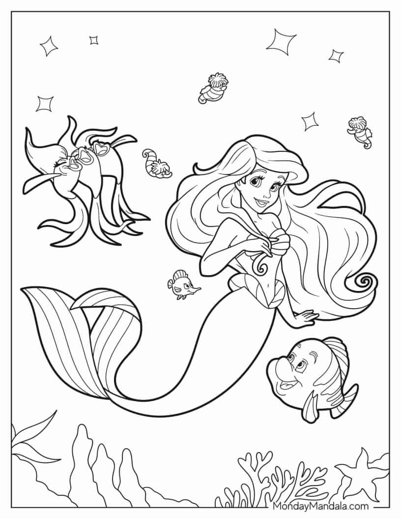 Ariel With Her Sea Creature Friends coloring page