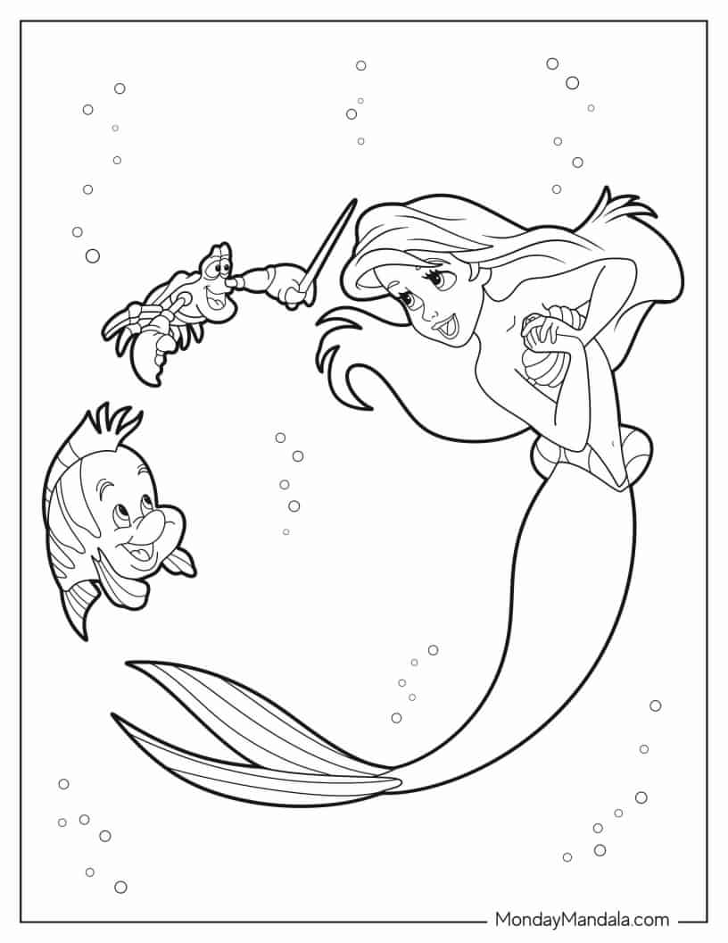 Ariel With Sebastian And Flounders Coloring Sheet coloring page — printable line art