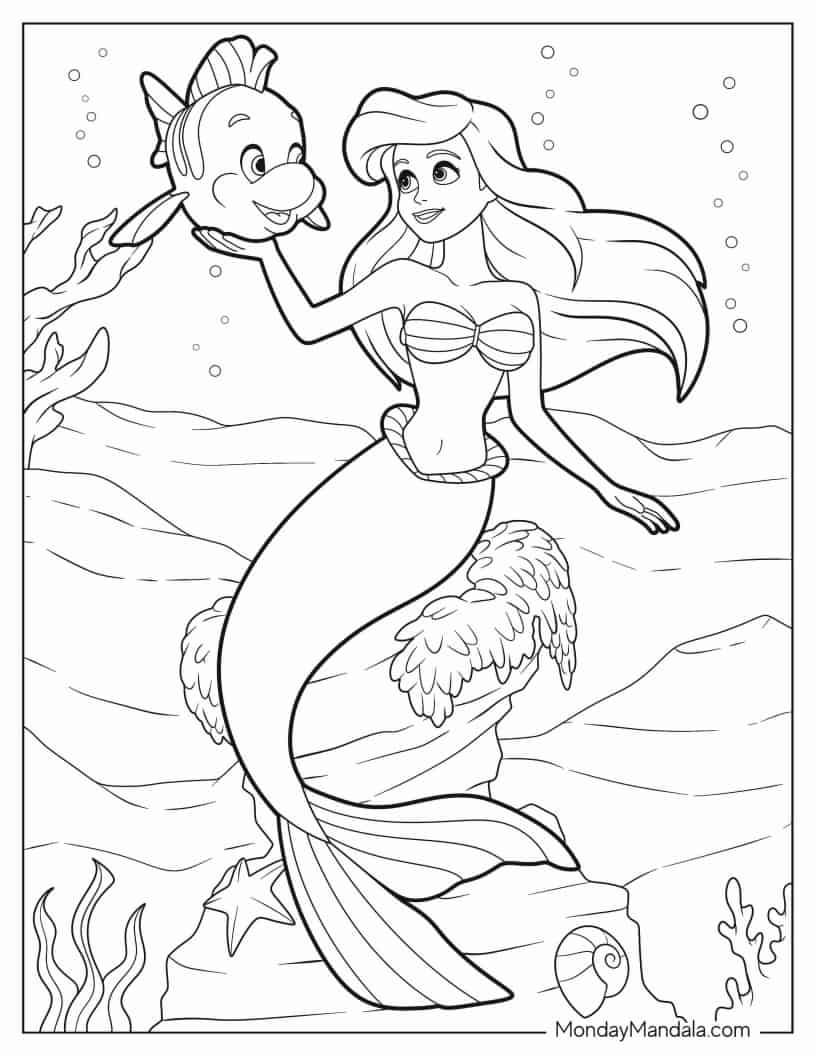 Coloring Page Of Ariel Under The Sea With Flounders coloring page