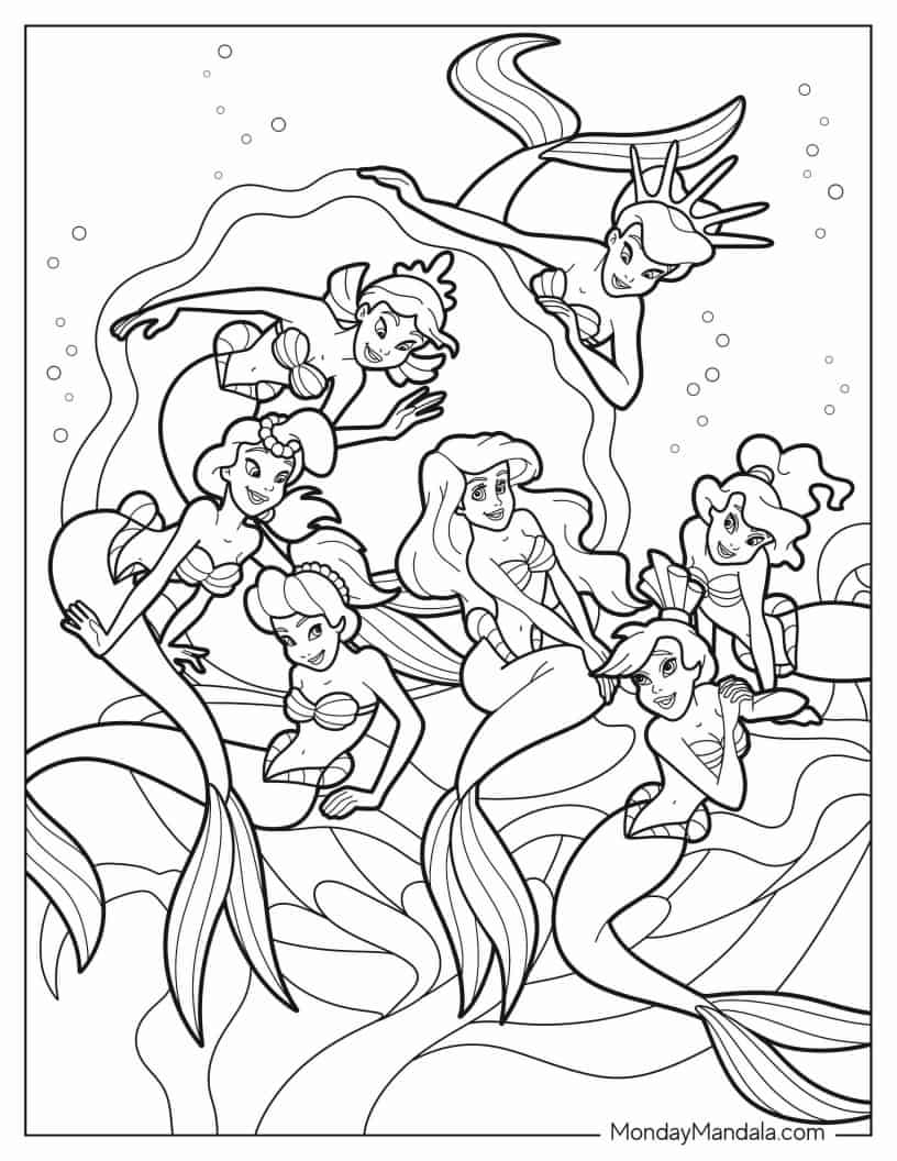 Coloring Page Of Ariel With Her Six Sisters coloring page — printable line art