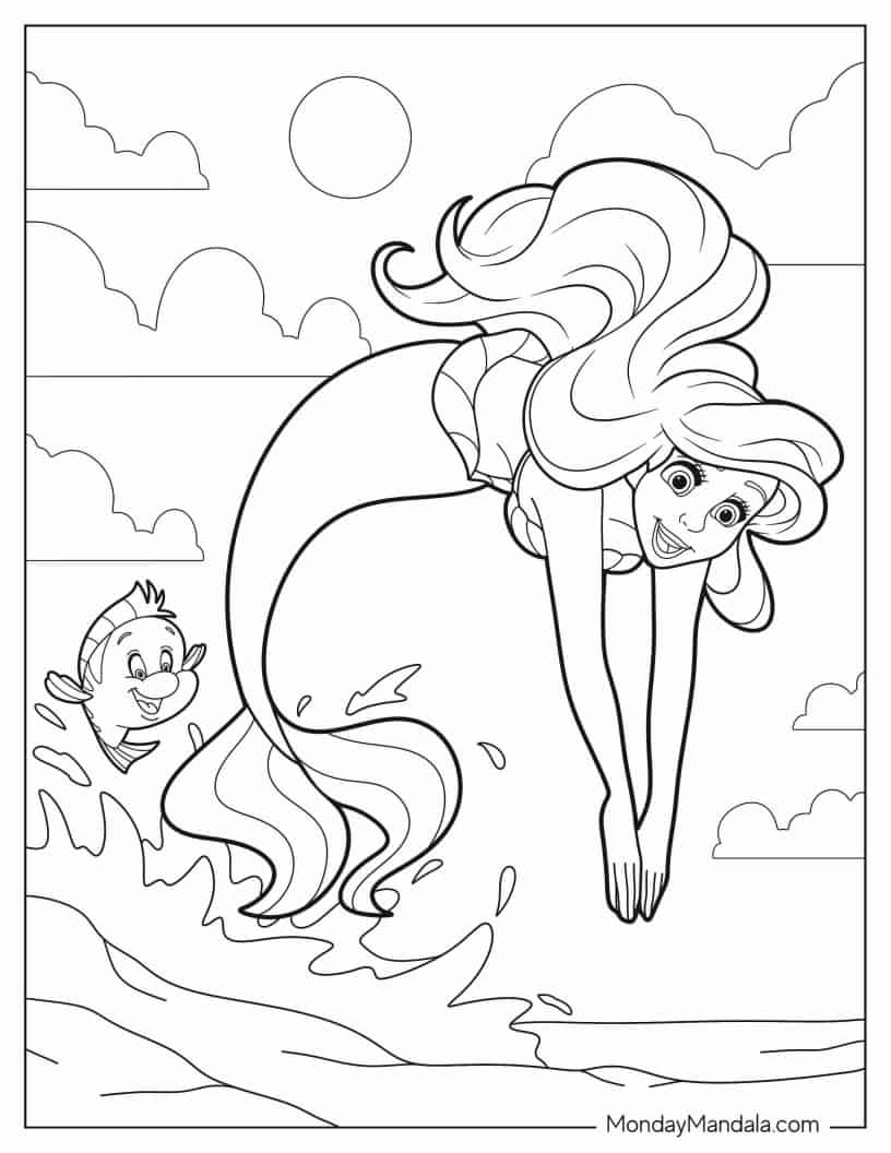 Mermaid Ariel Diving Into Sea With Flounders coloring page