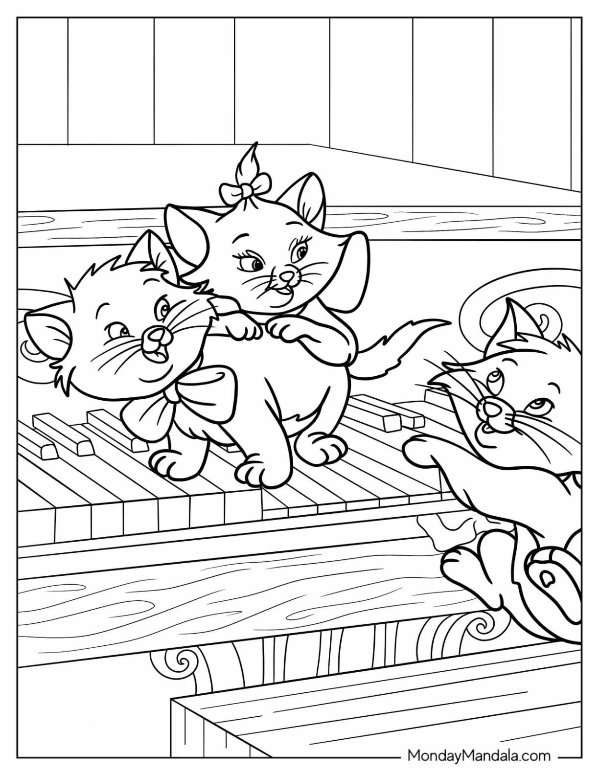 Aristocats Coloring Page Of Aristocats Kittens Berlioz, Marie, and Toulouse Playing On Piano coloring page