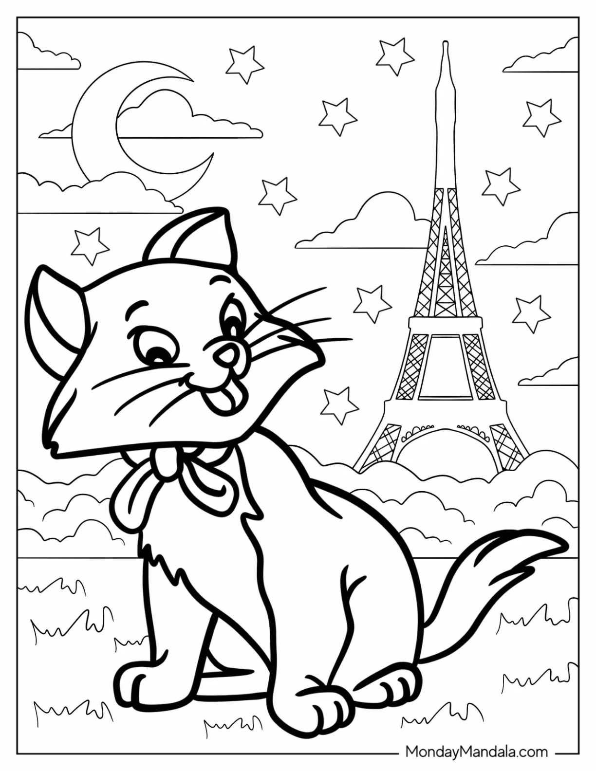 Aristocats Coloring Page Of Berlioz In Front Of Eiffel Tower coloring page — printable line art