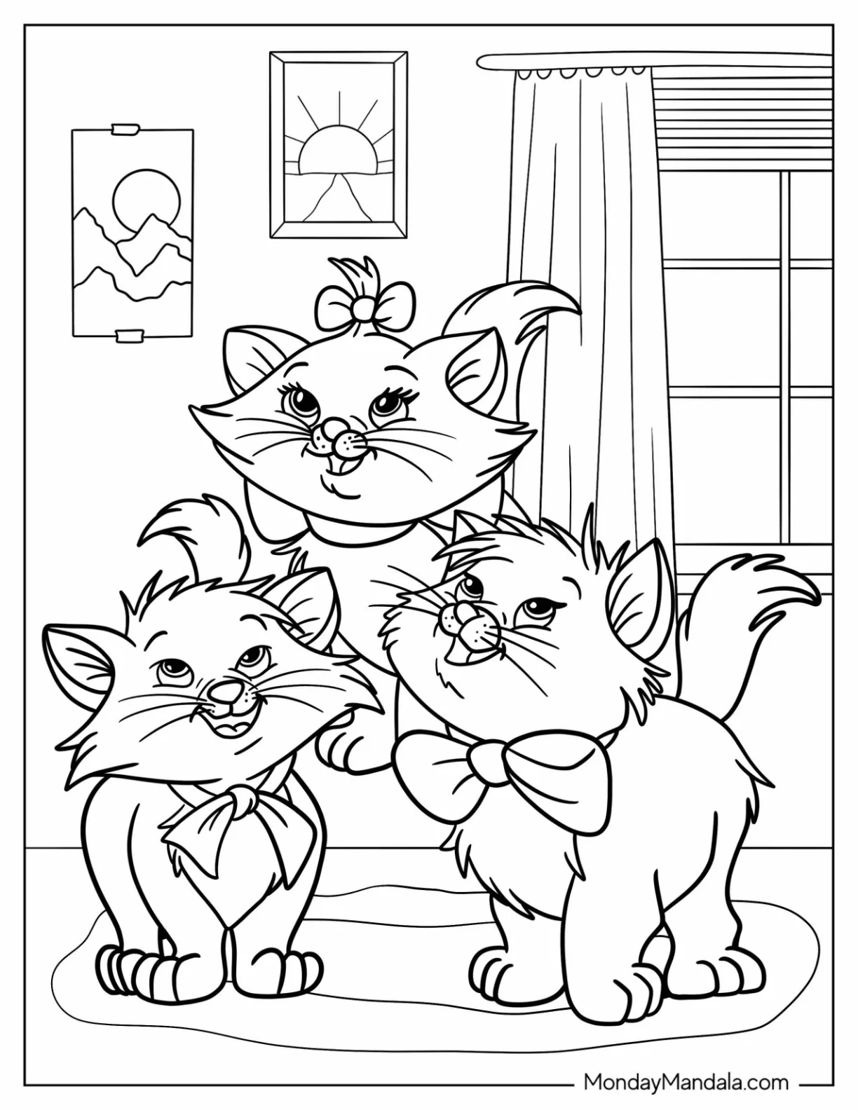 Aristocats Coloring Page Of Berlioz, Marie, and Toulouse In The Living Room coloring page — printable line art