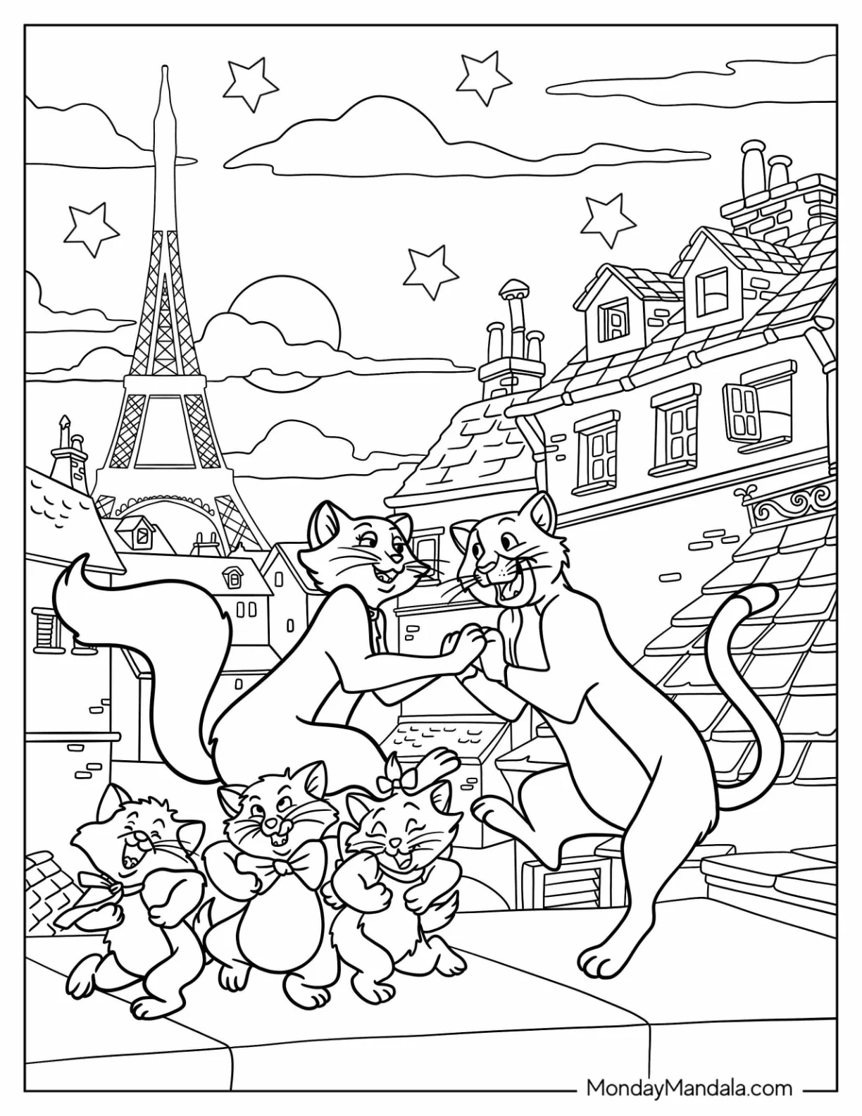 Aristocats Coloring Page Of Duchess And Thomas Dancing On Rooftop With Kittens coloring page