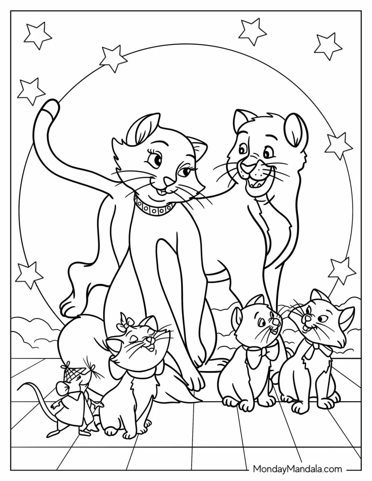 Aristocats Coloring Page Of Duchess And Thomas With Kittens and Roquefort coloring page
