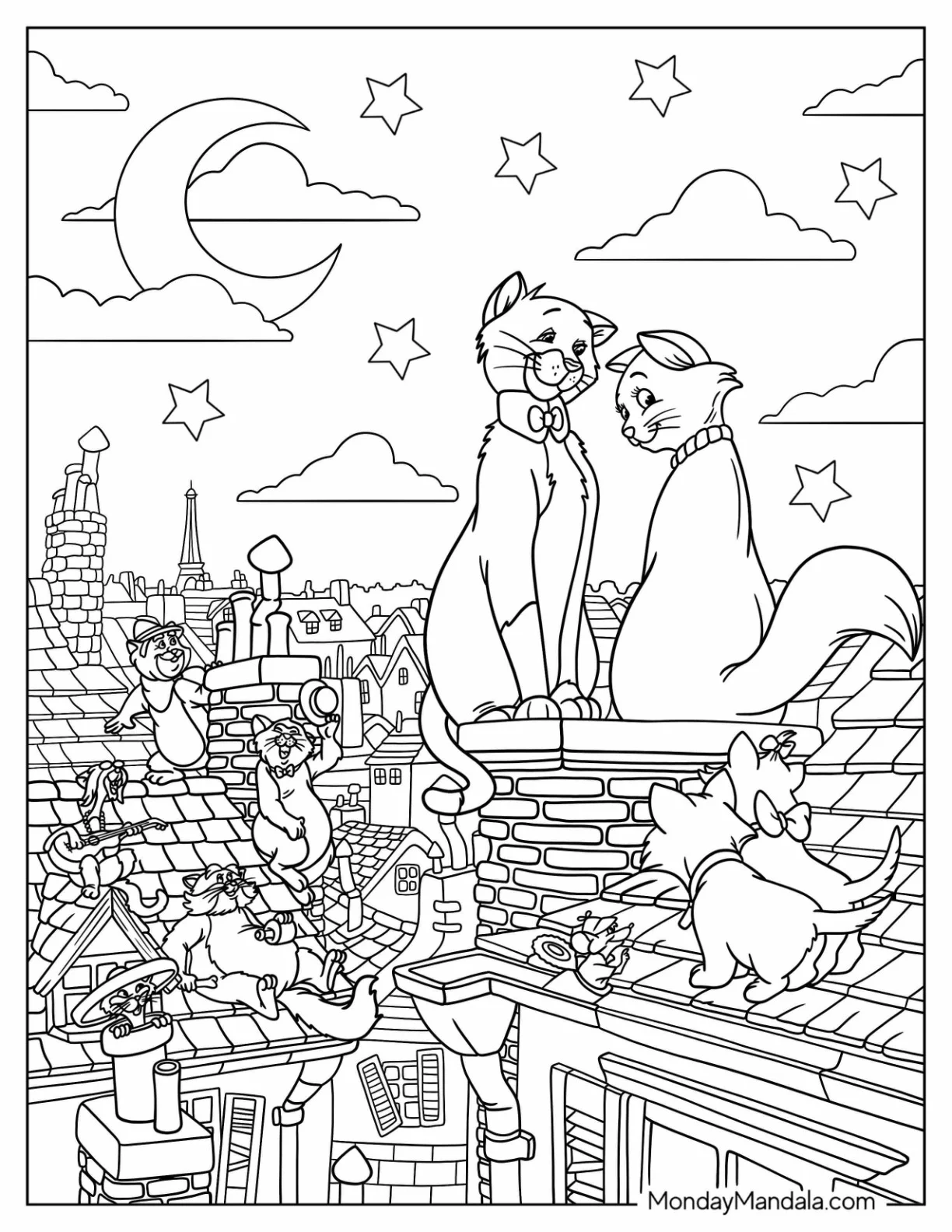 Aristocats Coloring Page Of Poster With Thomas And Duchess On Roof coloring page — printable line art
