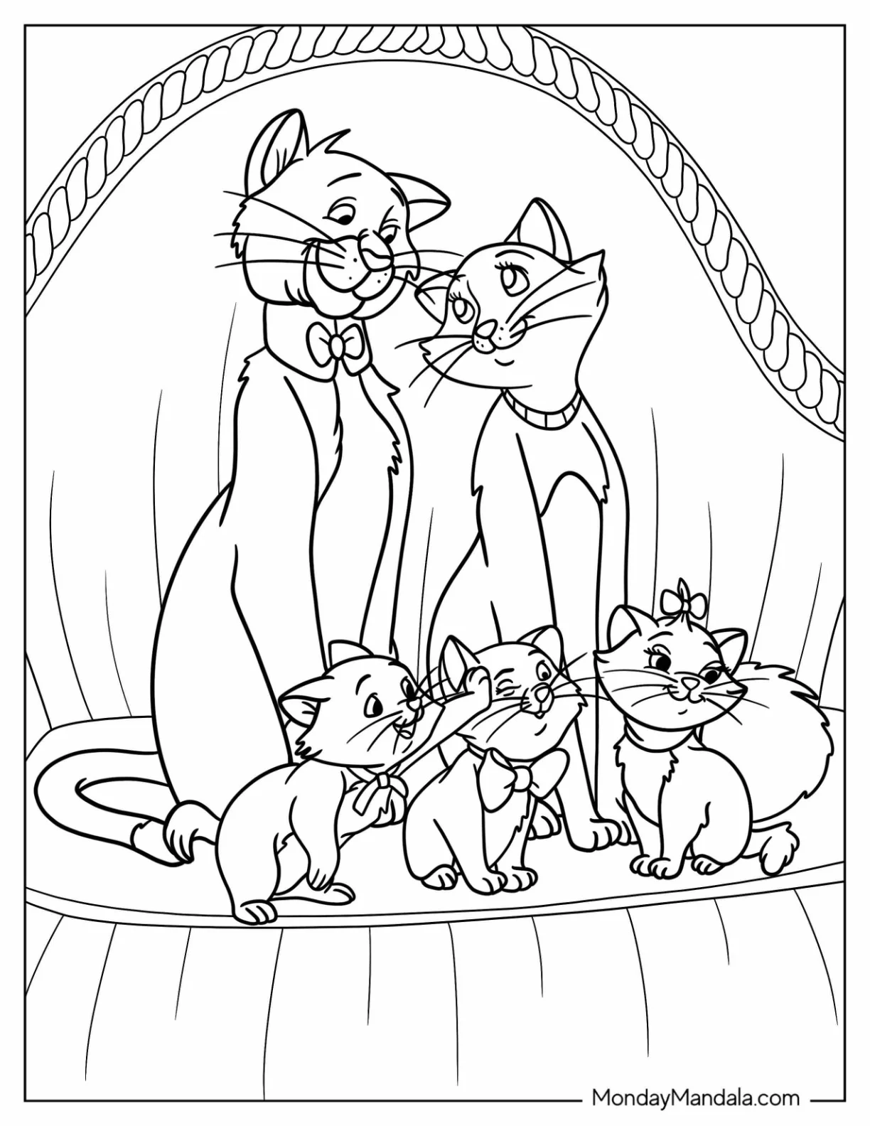 Aristocats Coloring Page Of Thomas, Duchess, Berlioz, Marie, and Toulouse coloring page — printable line art