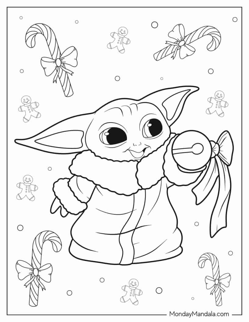 Baby Yoda Christmas Coloring Page With Candy Canes coloring page