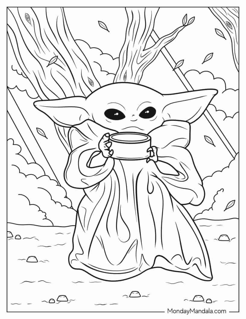 Baby Yoda Drinking Tea To Color coloring page