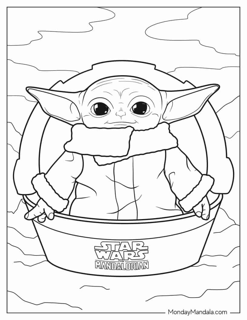 Baby Yoda In Hovering Pram To Color coloring page
