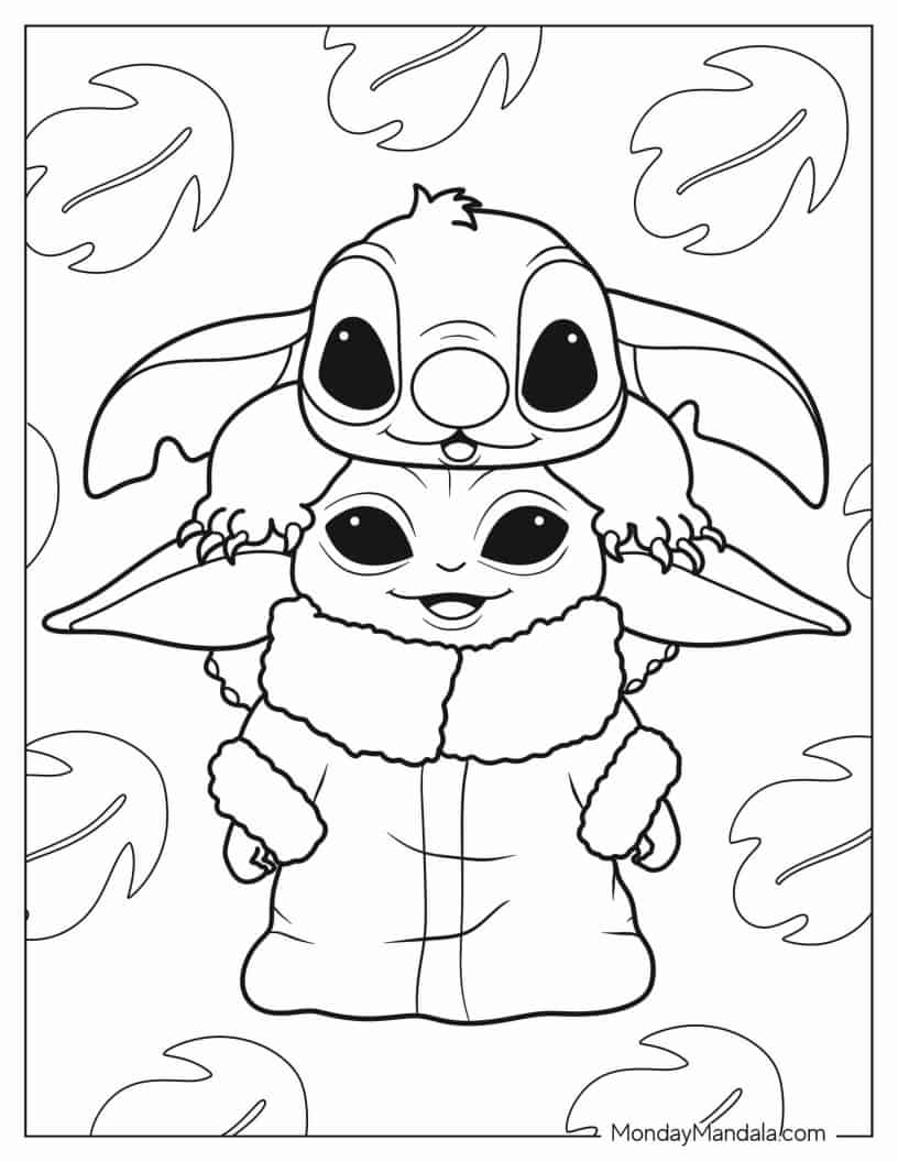 Cute Baby Yoda And Stich To Color coloring page
