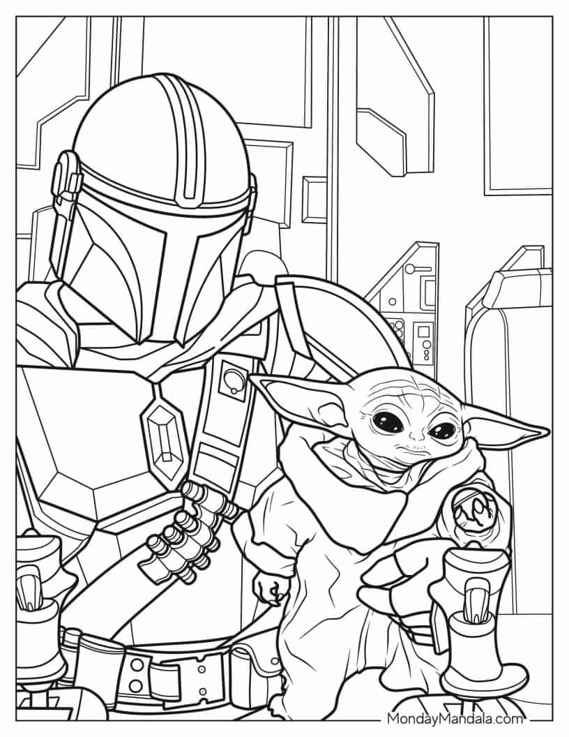 Detailed Coloring Sheet Of Din Djarin And Baby Yoda coloring page