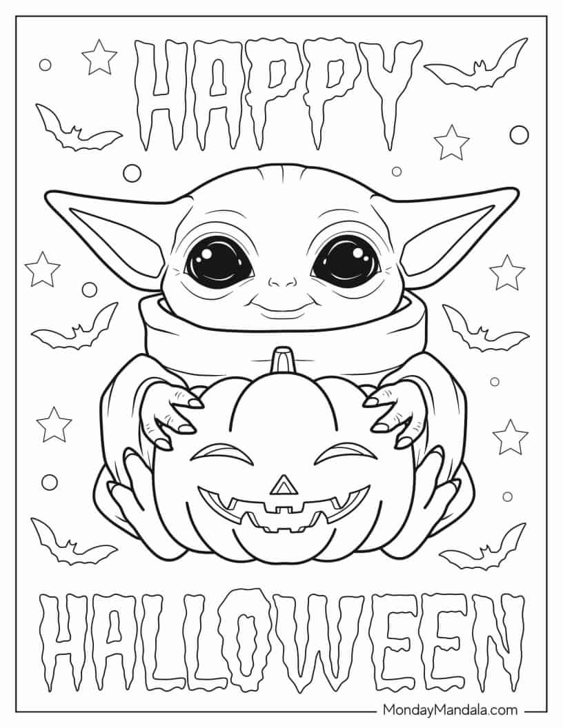 Happy Halloween Baby Yoda To Color coloring page — printable line art