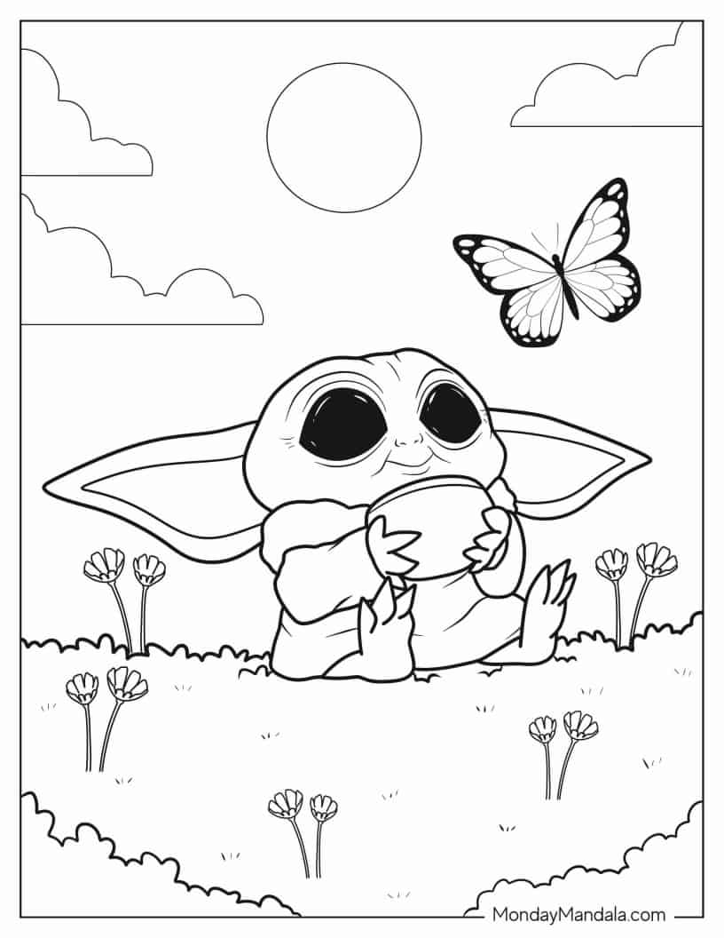 Loveable Baby Yoda Looking At Butterfly coloring page